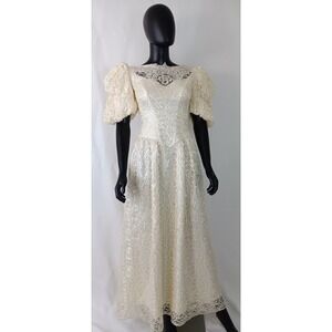 Vintage Custom Handmade Ivory Lace Bridal Prom Formal Dress Medium Puff Sleeve